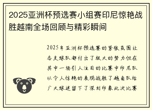 2025亚洲杯预选赛小组赛印尼惊艳战胜越南全场回顾与精彩瞬间 2025亚洲杯预选赛小组赛印尼惊艳战胜越南全场回顾与精彩瞬间