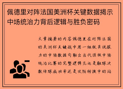 佩德里对阵法国美洲杯关键数据揭示中场统治力背后逻辑与胜负密码